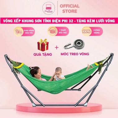 Võng Xếp TRƯỜNG NGA Khung Sơn Tĩnh Điện Phi 32 + Lưới - Chịu 150kg - Giá 495k