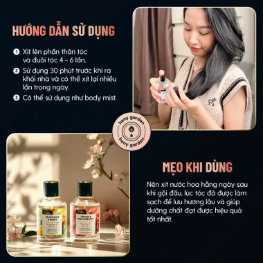 Xịt Thơm Tóc Heny Garden 100mL - Nước Hoa Dưỡng Tóc Lưu Hương Lâu, Bổ Sung Dưỡng, Giá 317k 5 Xịt Thơm Tóc Heny Garden 100mL - Nước Hoa Dưỡng Tóc Lưu Hương Lâu, Bổ Sung Dưỡng, Giá 317k 5