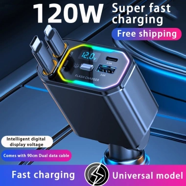 Yashinoo Cáp sạc xe hơi 120W 4 trong 1 - Sạc nhanh cho mọi điện thoại, giao nhanh