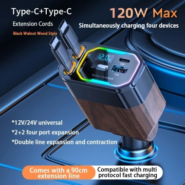 Yashinoo Cáp sạc xe hơi 120W 4 trong 1 - Sạc nhanh cho mọi điện thoại, giao nhanh
