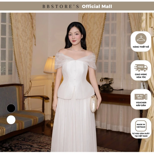 Áo tiệc peplum xược vai kết ngọc trai: khi lớp lưới nhẹ nhàng che đi khuyết điểm vòng eo trong buổi dạ tiệc.