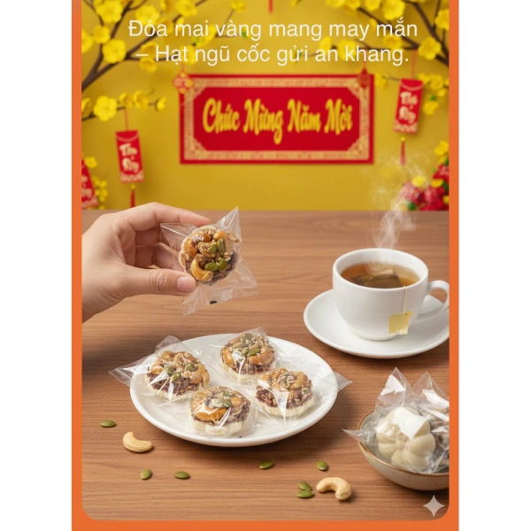 Bánh hoa mai nhẹ nhàng, ít ngọt nhưng giàu hạt dinh dưỡng khiến bữa ăn chay không còn nhàm chán