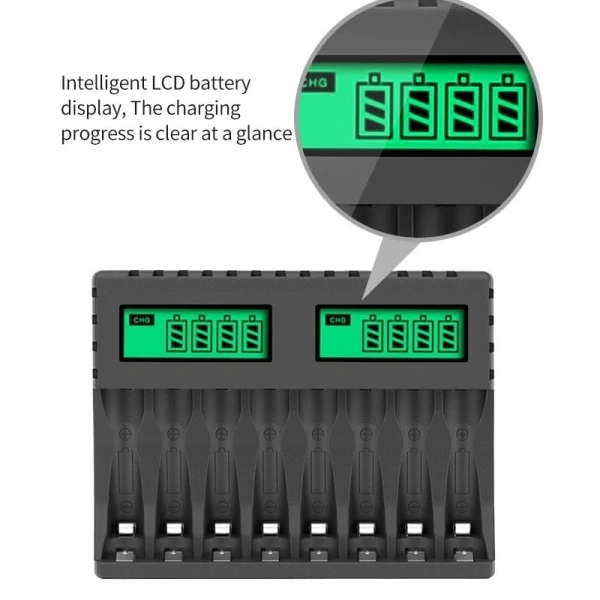 Màn hình LCD trên các mẫu sạc như PUJIMAX 8 khe cắm pin thông minh cung cấp thông tin thời gian còn lại, mức năng lượng hiện tại và trạng thái over‑temperature. (Ảnh 2)