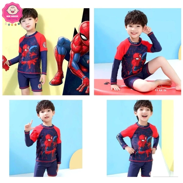 Một trong những mẫu áo bơi đáp ứng đa số tiêu chí trên là (17-30kg dưới 1m³) Đồ bơi 2 mảnh áo tay dài phối tay xanh hoạ tiết người nhện cho bé trai. (Ảnh 5)