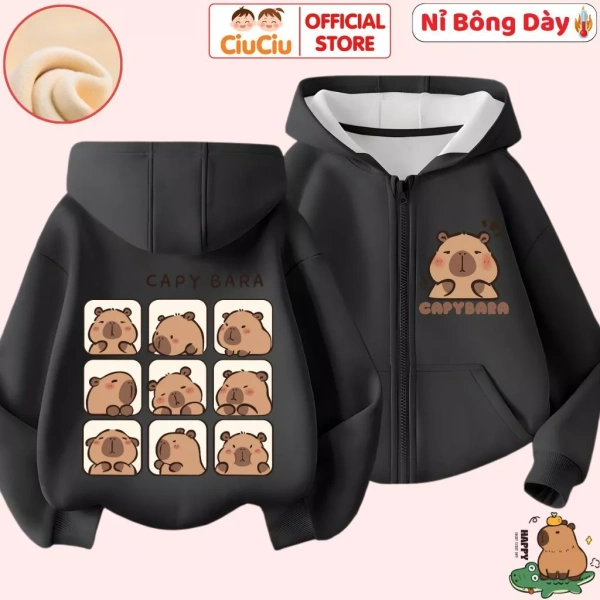 Một trong những mẫu áo được thiết kế đặc biệt để giảm thiểu hiện tượng co dãn là Áo Khoác Hoodie Nỉ Bông Cho Bé Trai Bé Gái Hình Capybara CIUCIU KID. (Ảnh 4)