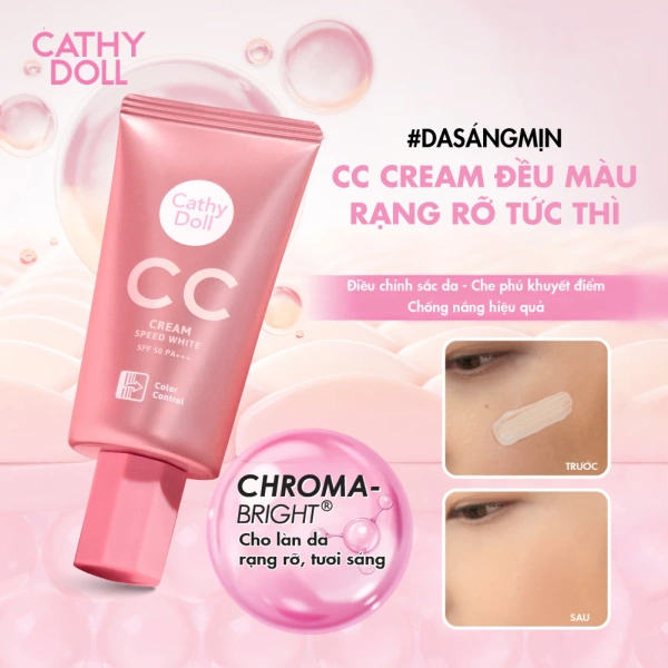 Với công thức “Water Drop” cùng thành phần dưỡng ẩm Sodium Hyaluronate và dưỡng chất làm sáng như Arbutin, Vitamin C, Vitamin E, Kem Nền Cathy Doll CC Speed White SPF 50 mang đến cảm giác “da tươi sáng, không nhờn” trong suốt ngày dài. (Ảnh 4)