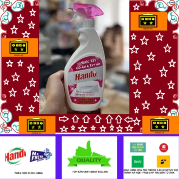 Trong số những sản phẩm đáp ứng các tiêu chí nêu trên, Nước tẩy cổ áo, tay áo Hando 500ml nổi bật vì công thức pH trung tính, thành phần Sodium dodecyl benzene sulfonate 3% kết hợp với Polyethylene glycol ether 9% cho khả năng hoà tan mỡ, bùn đất và các chất ăn mòn từ mồ hôi. (Ảnh 4)