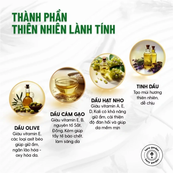 Dưới đây là một ví dụ thực tế về sản phẩm kết hợp ba loại dầu nền (hạt nho, olive và cám gạo) cùng tinh dầu thiên nhiên, được thiết kế để giải quyết các thắc mắc đã nêu. (Ảnh 5)