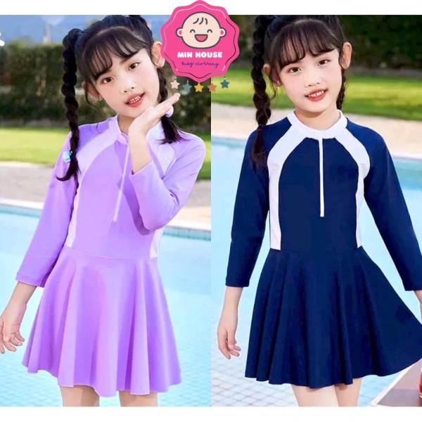 Trong quá trình nghiên cứu, chúng tôi phát hiện một mẫu đồ bơi đáp ứng hầu hết các tiêu chí trên, đó là đồ bơi bikini liền thân tay dài kiểu váy phối viền cho bé gái. (Ảnh 3)