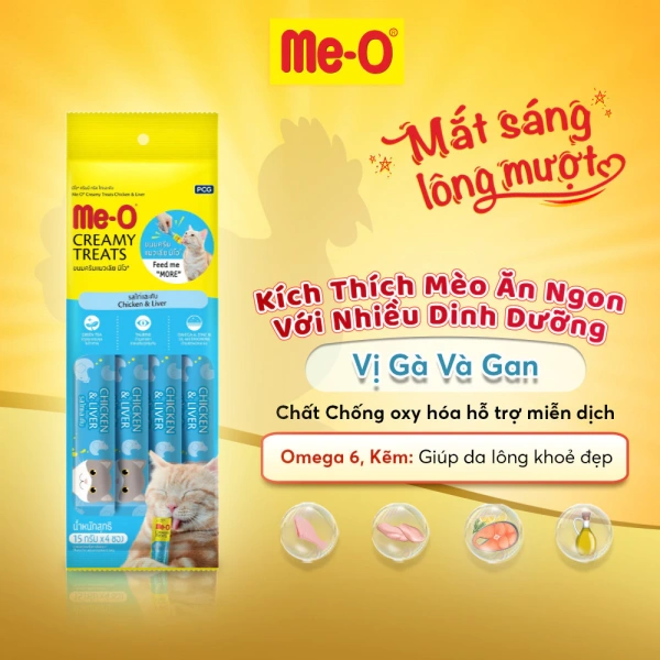 Một trong những lựa chọn đáp ứng được hầu hết các tiêu chí trên là Súp thưởng cho mèo Me‑O – gồm 4 thanh 15 g, mỗi thanh có hương vị riêng, được bọc trong một gói tiện lợi, giá thành hợp lý (giá gốc 56 250 VNĐ, ưu đãi còn 45 000 VNĐ). (Ảnh 5)