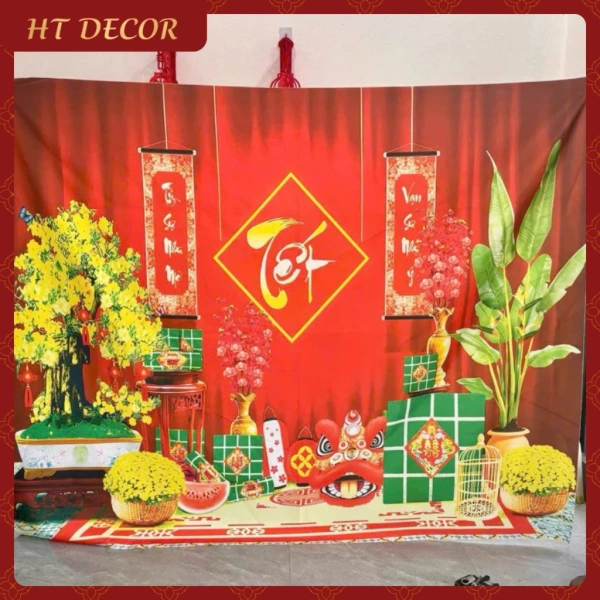 Khi tấm tranh vải khổ lớn làm nền chụp hình lại khiến không gian Tết gia đình bớt thoáng đãng hơn. - Ảnh 1