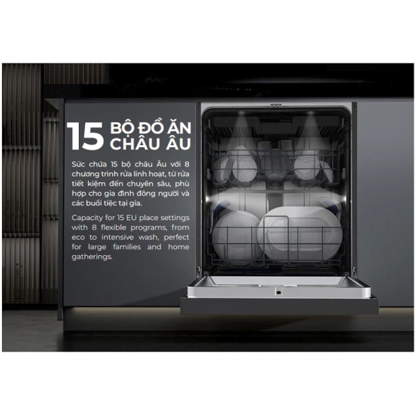 Tiêu thụ điện của máy rửa chén 15 bộ HDW‑F6031G là 0.776 kWh cho mỗi vòng rửa. (Ảnh 2)