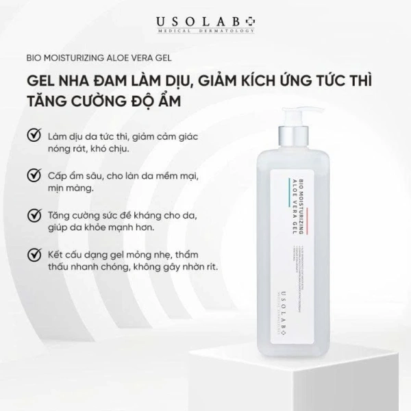 Sản phẩm Gel Nha đam Bio Moisturizing Aloe Vera Gel 1000ml của thương hiệu Usolab (Hàn Quốc) được chiết xuất từ 87% lá nha đam tươi, kết hợp hoa cúc La Mã và các dưỡng chất thiên nhiên. (Ảnh 5) Sản phẩm Gel Nha đam Bio Moisturizing Aloe Vera Gel 1000ml của thương hiệu Usolab (Hàn Quốc) được chiết xuất từ 87% lá nha đam tươi, kết hợp hoa cúc La Mã và các dưỡng chất thiên nhiên. (Ảnh 5)