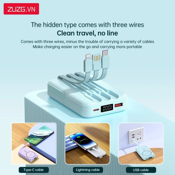 Sản phẩm Sạc dự phòng không dây 10000mAh tích hợp sẵn dây sạc nhanh chính hãng ZUZG J47 cung cấp một mô hình cân bằng giữa công nghệ sạc không dây và khả năng sạc có dây. (Ảnh 4)