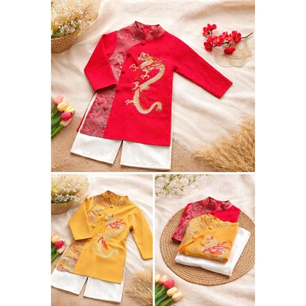 Áo dài Tết cho bé trai bằng nhung dày dặn: ấm áp đẹp mắt nhưng độ thoáng khí lại bị bỏ quên