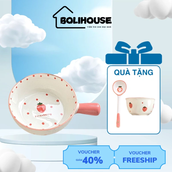 Bát sứ dâu tây có tay cầm: tiện lợi cho bữa mì nhưng lại chiếm nhiều không gian trong tủ bát