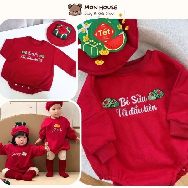Bộ bodysuit thêu tên làm từ nỉ bông dày: Khi lớp ấm áp lại khiến bé khó di chuyển trong ngày Tết