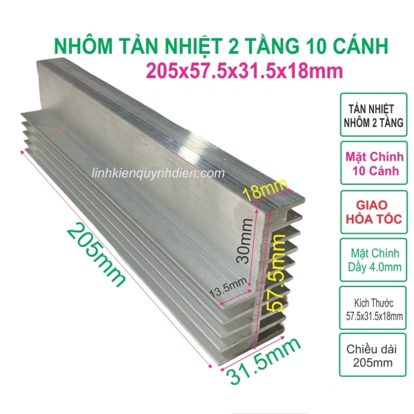 Độ dài 205 mm của nhôm tản nhiệt 2 tầng 10 cánh thực sự quyết định hiệu suất làm mát trong các hệ thống nhúng nhỏ gọn.