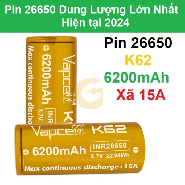 Pin sạc 26650 6200 mAh 15A cho phép vape liên tục mà không lo hết pin giữa giờ