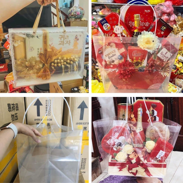 Sự bất ngờ khi túi trong suốt giúp quà Tết thêm sang trọng nhưng lại dễ rách khi chịu tải lớn.