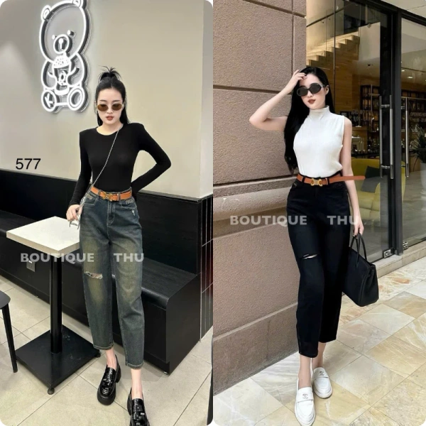 Vòng thắt lưng cao trong quần jeans baggy co giãn rách gối thường khiến người mặc bất ngờ khi ngồi lâu