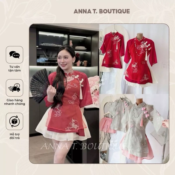 Áo thêu sen cổ nút tàu kết hợp váy tơ xếp ly làm đẹp Tết, nhưng không ngờ lại gây khó khăn khi ngồi dài - Ảnh 1