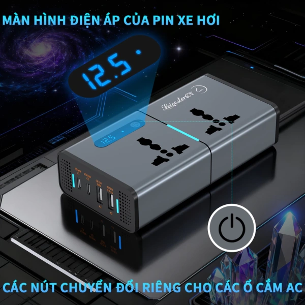 Biến tần (inverter) là thiết bị chuyển đổi nguồn một chiều (DC) từ bình ắc quy xe (12V hoặc 24V) sang nguồn xoay chiều (AC) 220V tiêu chuẩn gia dụng. (Ảnh 3)