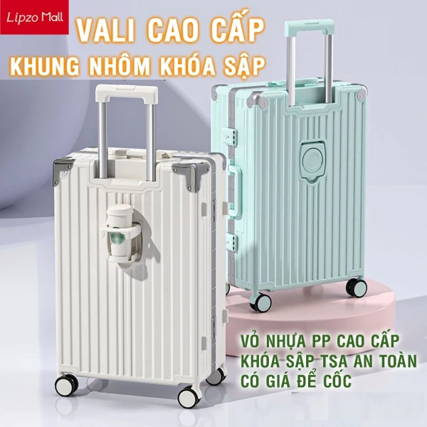 Trong thị trường hiện nay, một lựa chọn đáng cân nhắc là Vali khung nhôm khóa sập chống rạch - mẫu mới có giá để cốc, với các size 20/24/28, đi kèm tặng kèm bọc nhám chống xước. (Ảnh 4)