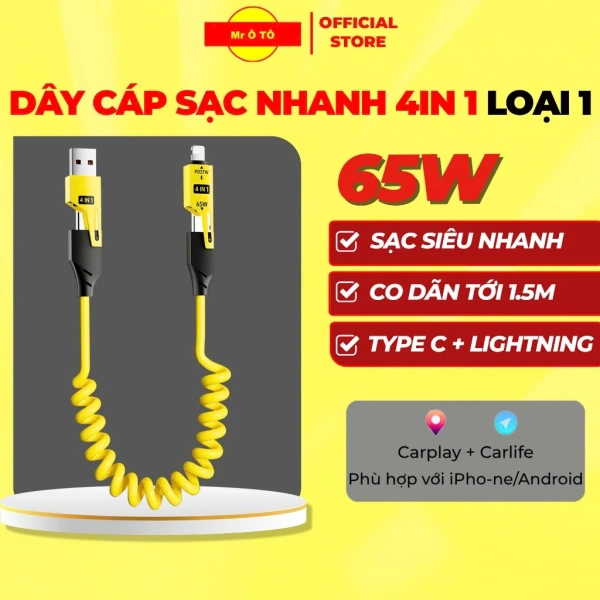 Độ co giãn của cáp sạc nhanh 4 trong 1 65W chính là yếu tố quyết định việc tránh vướng dây khi bật CarPlay trên xe. - Ảnh 1 Độ co giãn của cáp sạc nhanh 4 trong 1 65W chính là yếu tố quyết định việc tránh vướng dây khi bật CarPlay trên xe. - Ảnh 1