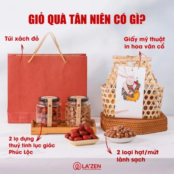 Dưới lớp bìa tinh tế, mỗi giỏ quà Tết thường chứa một bộ sưu tập các loại hạt và trái cây khô đã được lựa chọn kỹ lưỡng. (Ảnh 2)
