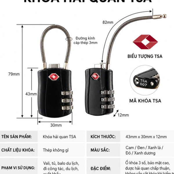 Ổ khóa vali mini chuẩn TSA thường dùng bộ ba con số (0‑9). (Ảnh 2)