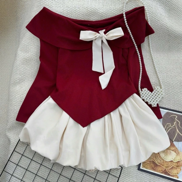 Thiết kế áo corset trễ vai phối nơ tạo nên điểm nhấn thanh lịch, trong khi chân váy xòe mang phong cách tiểu thư cổ điển, phù hợp cho dịp Tết. (Ảnh 5)
