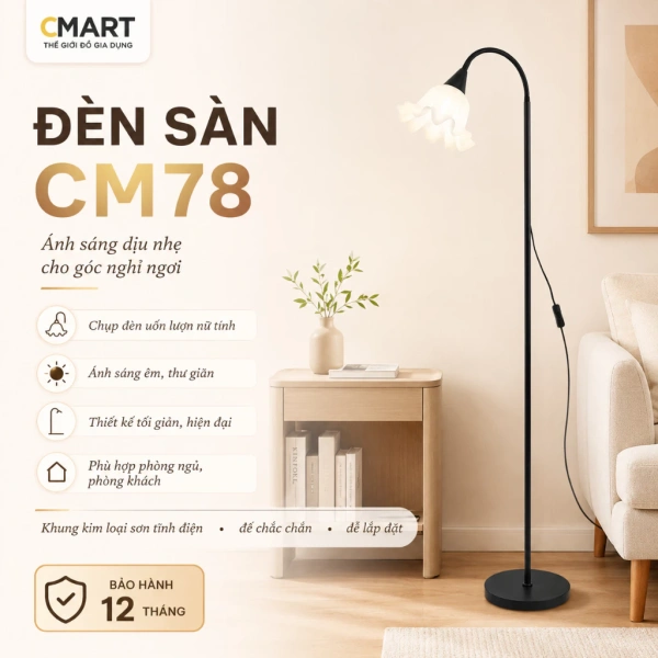 Ánh sáng dịu nhẹ của đèn cây đứng phong cách Bắc Âu khiến phòng ngủ trở nên rộng rãi hơn
