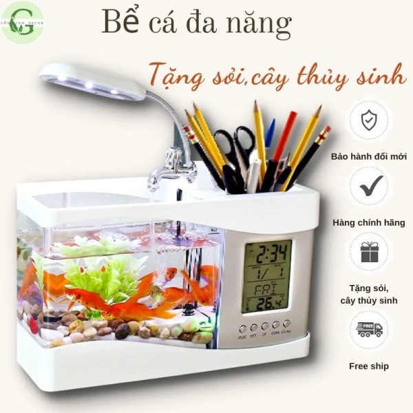 Ánh sáng đồng hồ và âm thanh nhẹ nhàng của bể cá mini để bàn giúp giảm căng thẳng trong giờ làm việc