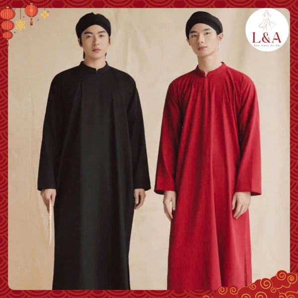 Áo dài linen nam cổ suông màu đỏ‑đen: khi mong đợi sự thoáng mát lại phải chịu nếp gấp bất ngờ trong ngày Tết