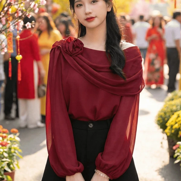 Áo đỏ dự tiệc giúp làn da tỏa sáng, nhưng cảm giác nặng trên vai thường khiến người mặc phải cân nhắc lại vào cuối buổi.