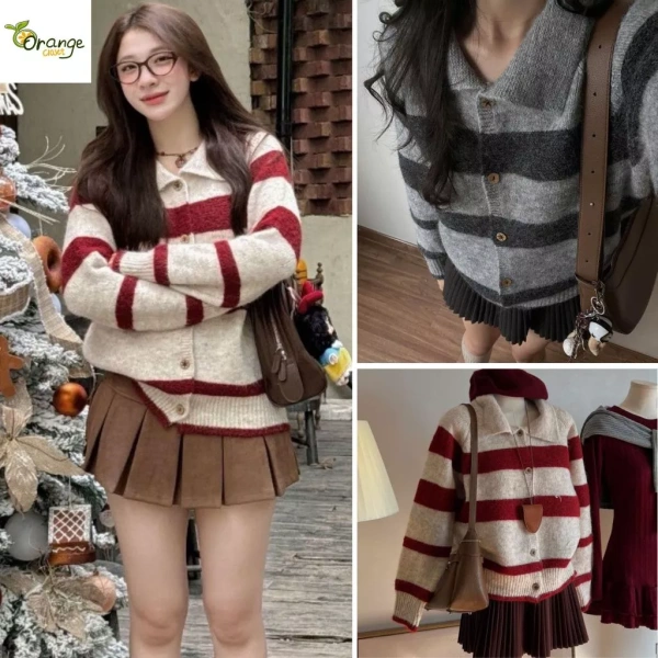 Áo khoác len kẻ ngang đỏ‑xám ấm áp cho mùa Noel, nhưng phần cổ bẻ lại gây khó chịu khi di chuyển