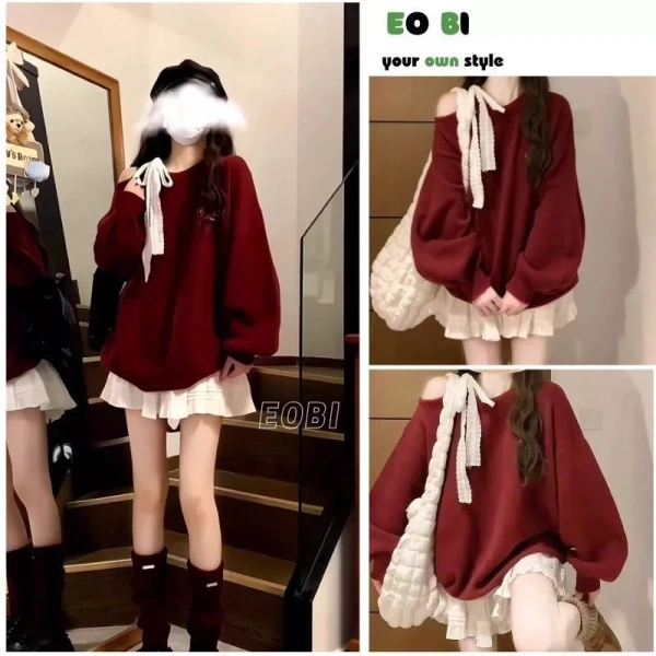 Áo sweater lệch vai màu đỏ kết hợp váy xoè tầng: lý do khiến bạn cảm thấy tự tin hơn trong các bữa tiệc lễ hội.