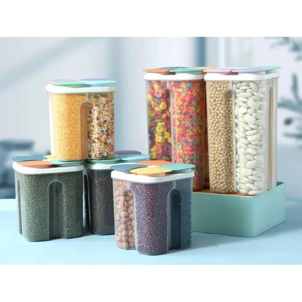 Bảo quản hạt, mì khô và ngũ cốc gọn gàng hơn nhờ hộp chia bốn ngăn, nhưng lại bộc lộ những thói quen lộn xộn trong bếp