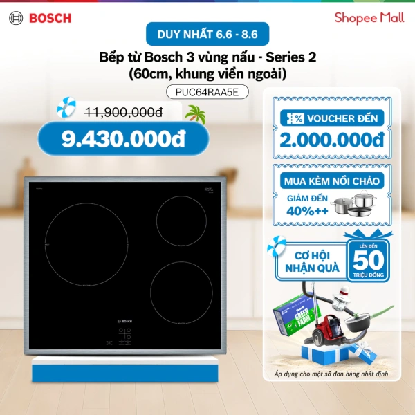Bếp từ 3 vùng 60 cm của Bosch cho phép nấu đồng thời ba món mà không làm mất ổn định nhiệt.