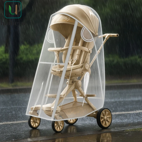 Chi tiết nhỏ của vỏ mưa trong suốt trên xe đẩy thường giảm tầm nhìn, khiến phụ huynh chỉ nhận ra khi mưa gió kéo dài.