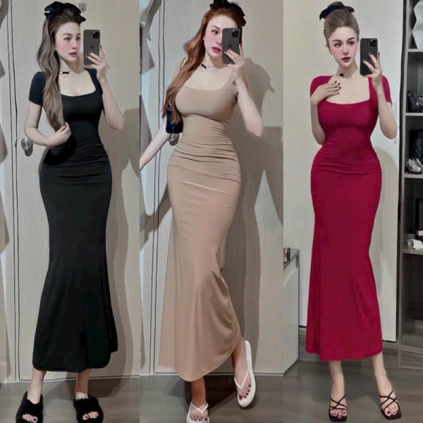 Đầm cổ vuông dài xòe tạo cảm giác thoải mái khi dạo phố, nhưng chất vải mỏng dễ nhăn khi ngồi lâu