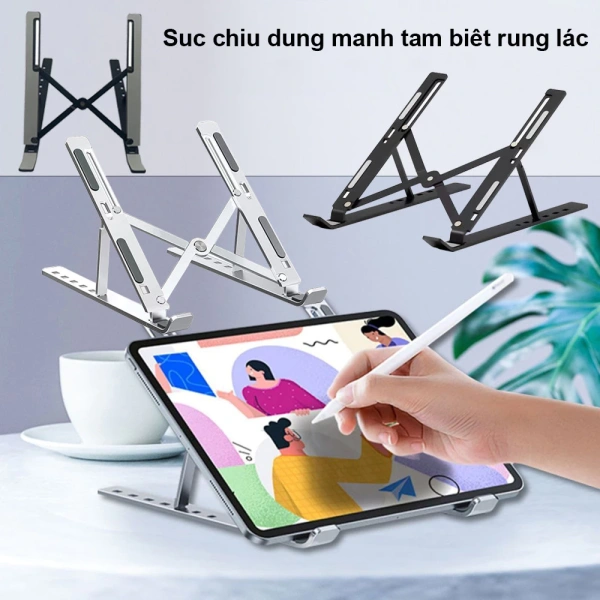 Độ cao điều chỉnh của đế tản nhiệt nhôm giúp giảm mỏi cổ khi làm việc dài giờ với laptop MacBook hay iPad