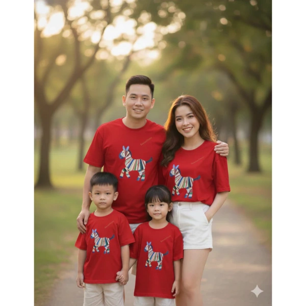 Họa tiết ngựa trên áo phông gia đình dịp Tết thường bị co rút sau giặt đầu, chi tiết mà ít ai để ý