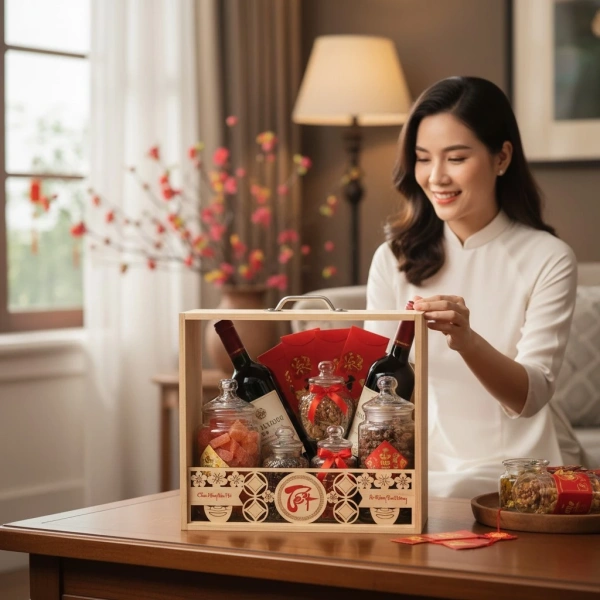 Khay gỗ sang trọng khiến cách trình bày quà Tết trở thành trải nghiệm đáng nhớ