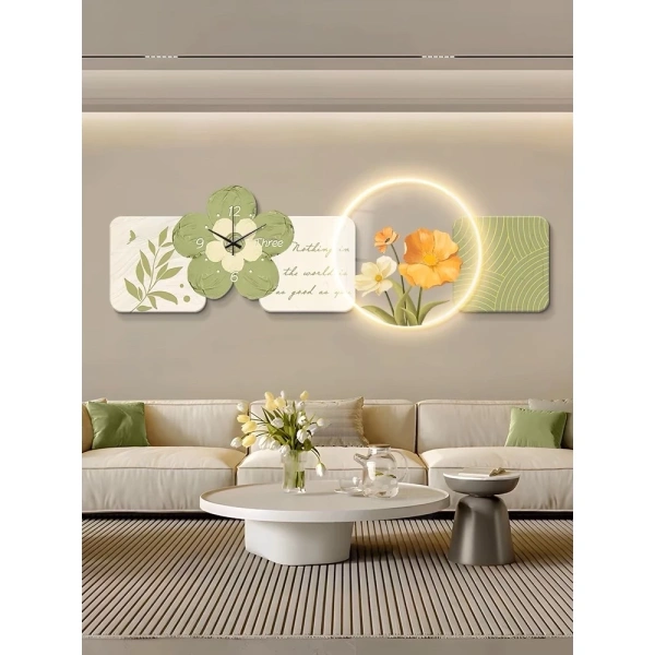 Khi ánh sáng LED từ tranh đồng hồ biến góc sofa thành điểm nhấn nhẹ nhàng trong phòng khách