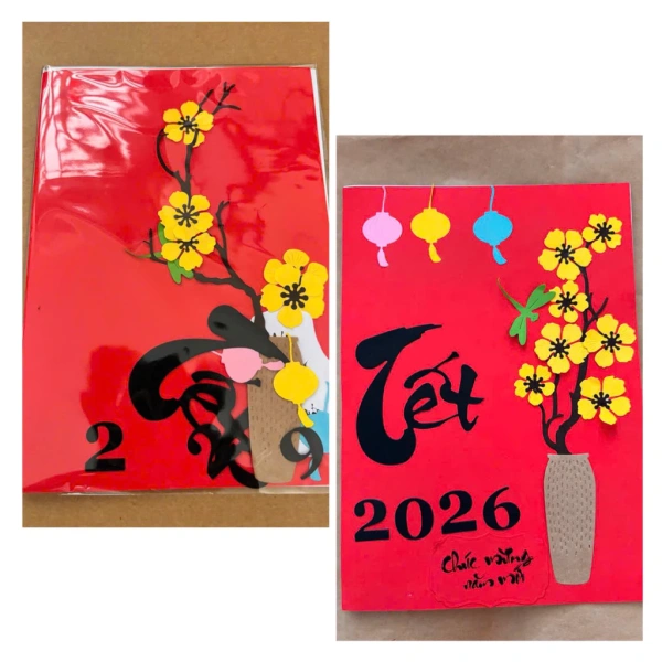 Nền đỏ rực trên thiệp Tết tự làm năm 2026 thường khiến tờ gấp A5 mất cân bằng tinh tế.