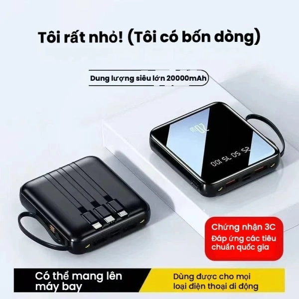 Sạc dự phòng 20000 mAh tích hợp 4 dây sạc nhanh thực tế tiết kiệm thời gian hơn dự đoán