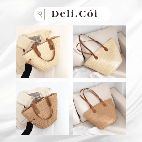 Chẳng hạn, Túi Cói Nữ Mùa Hè Túi Xách Phong Cách Vintage Dung Tích Lớn (29x23x14cm) được làm từ dây bện giấy tự nhiên, mang lại cảm giác gần gũi với môi trường và thích hợp cho những buổi đi biển hay dạo phố, giúp bạn “đóng gói” nhiều đồ dùng mà vẫn giữ được phong cách. (Ảnh 2)
